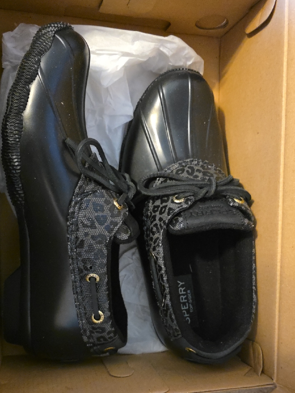 Sperry Black Duck Shoes with Leopard Accent
